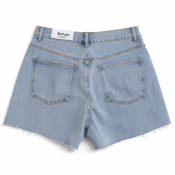 REFRAIN LOS ANGELES Sky Blue Denim High-rise Cut-Off Shorts - Picture 2 of 6